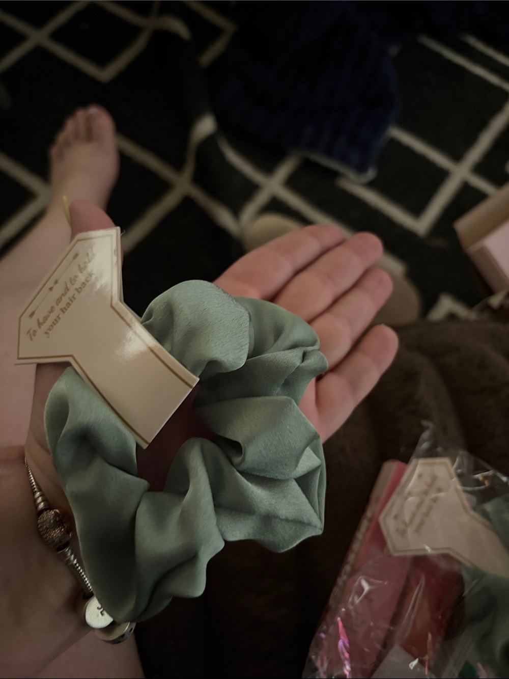 Sage Green Scrunchie Set with Pearl-Trimmed Hair Claw - Picture 4 of 4